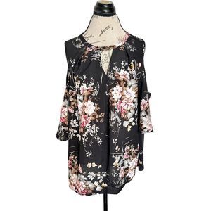 Emery Rose Womens Blouse Top Plus Size 3XL Floral Cold Shoulder Black Keyhole